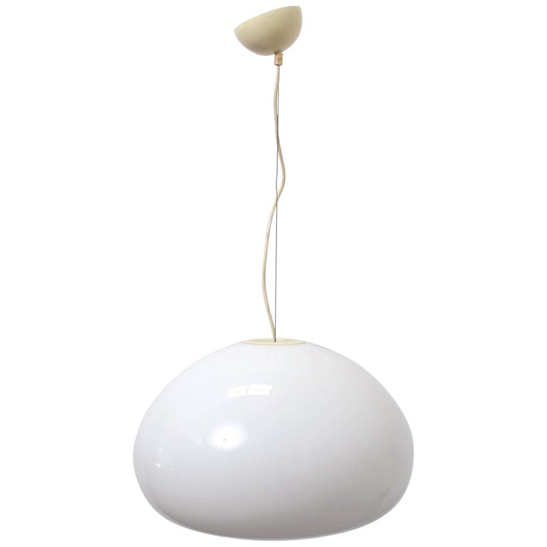 A white opaline glass pendant lamp with a polished aluminium reflector, designed by Achille & Pier Castiglioni.
