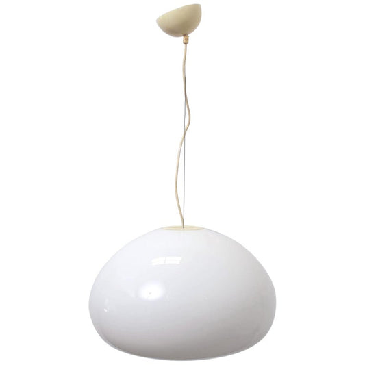 A white opaline glass pendant lamp with a polished aluminium reflector, designed by Achille & Pier Castiglioni.