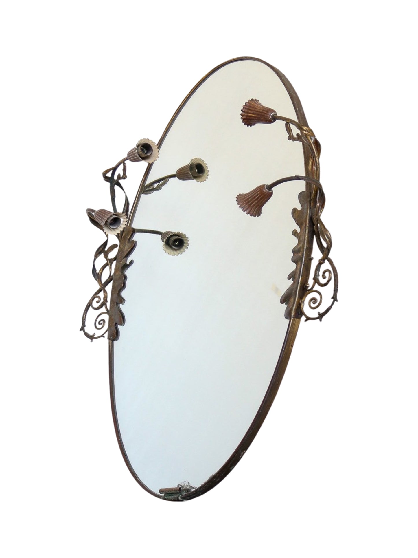 Italian Art Deco Brass Oval Wall Mirror with Lights