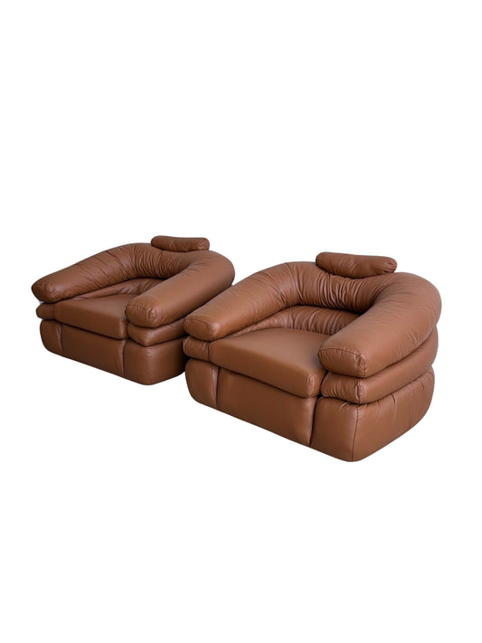 Pair of Italian Radical Design Straccio armchairs by De Pas, D’Urbino & Lomazzi for Zanotta, 1968, reupholstered in cognac leather.