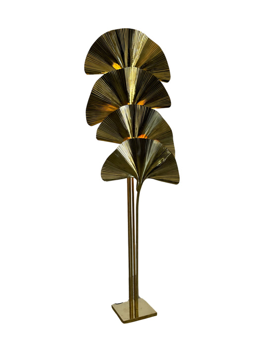 A contemporary brass floor lamp with a square base and four Ginko leaf-shaped lampshades in a bronze finish.