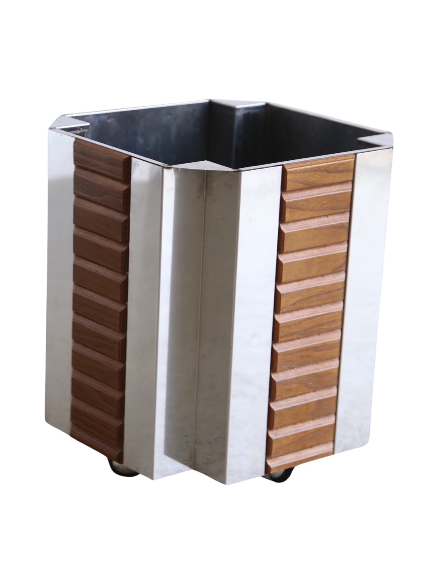 Mid Century Modern Italian Chrome & Wood Paper Bin on Wheels