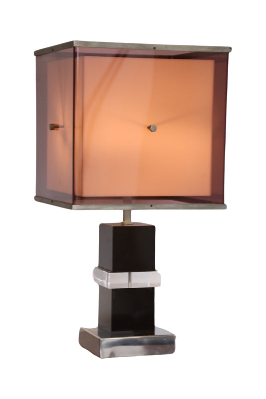 A Romeo Rega Italian table lamp with two-tone purple double Lucite shades and metal edges, supported by black Lucite columns on a square brass base.