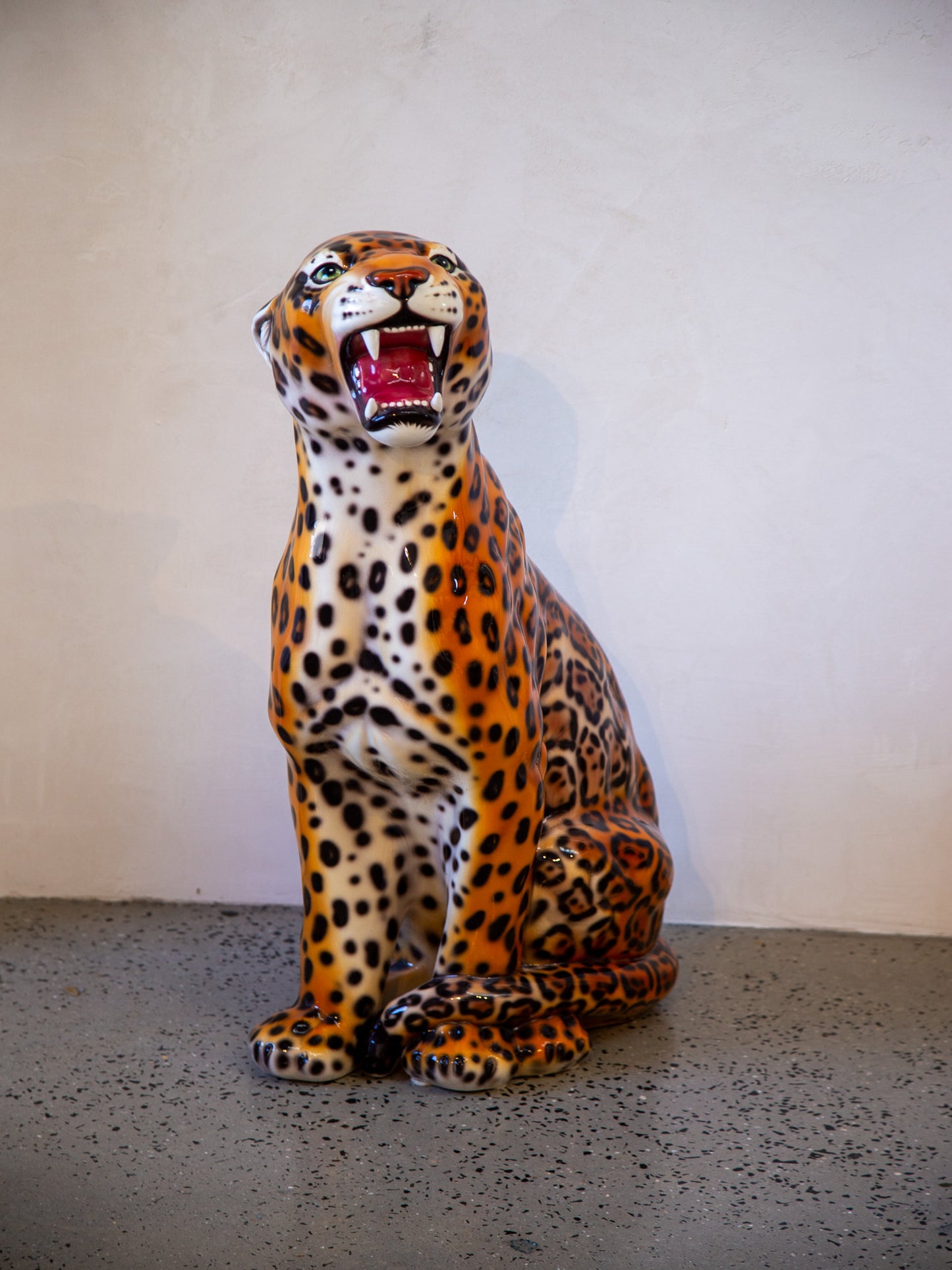 Set of Two Mid-century Italian Hand-painted Ceramic Leopard Statue