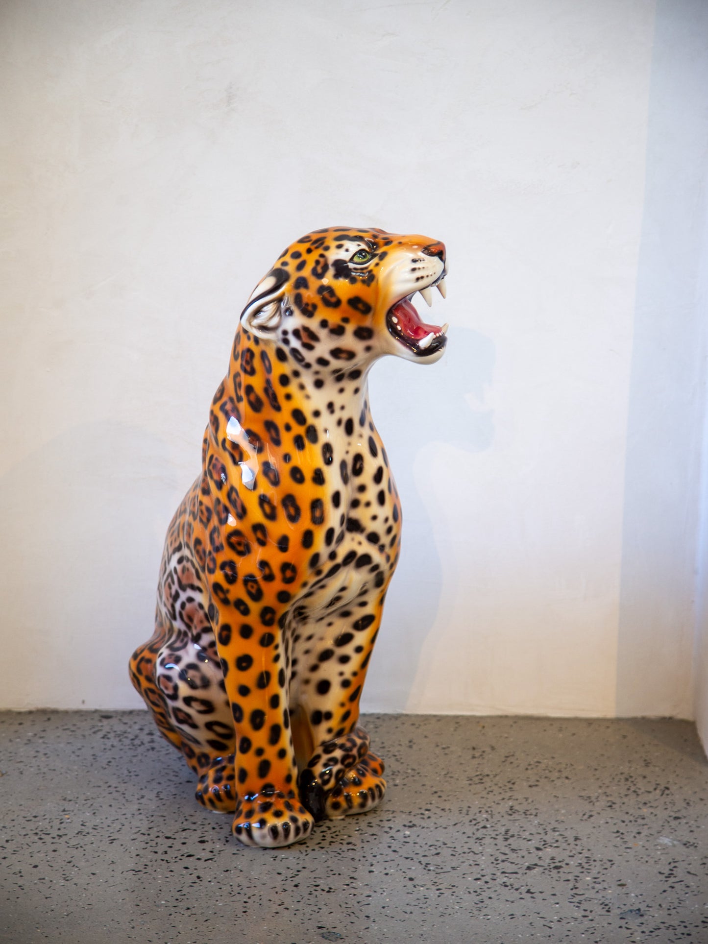 Set of Two Mid-century Italian Hand-painted Ceramic Leopard Statue