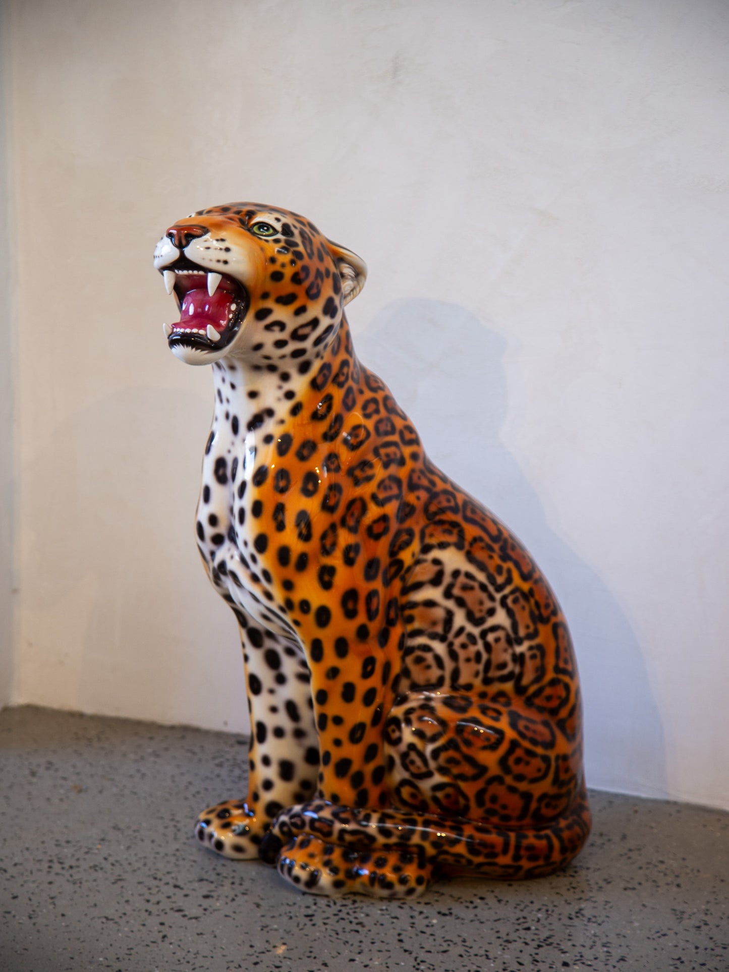 Set of Two Mid-century Italian Hand-painted Ceramic Leopard Statue
