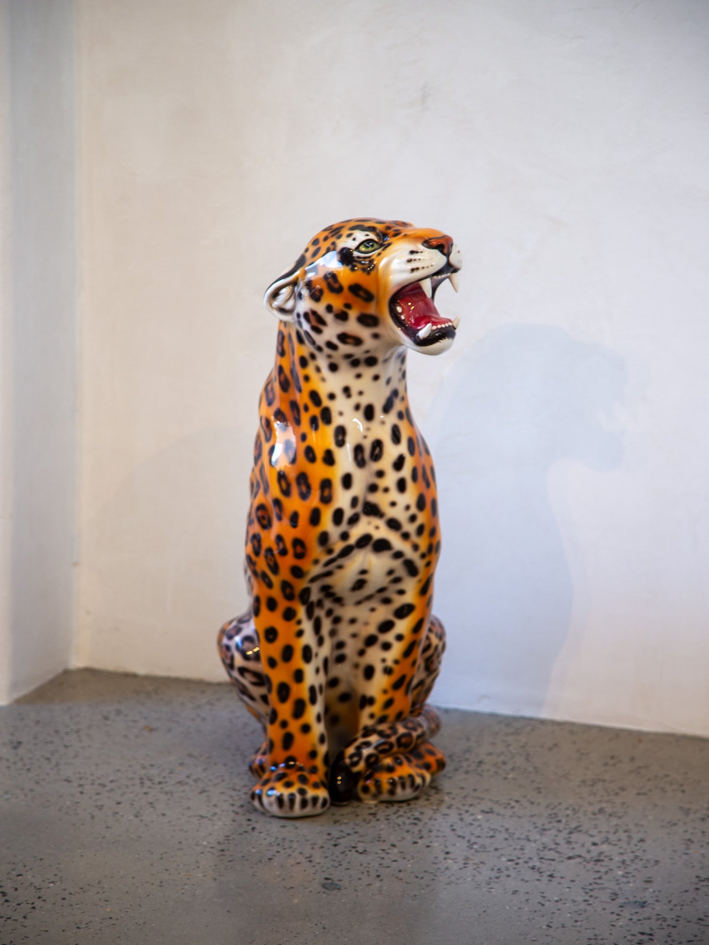 Set of Two Mid-century Italian Hand-painted Ceramic Leopard Statue