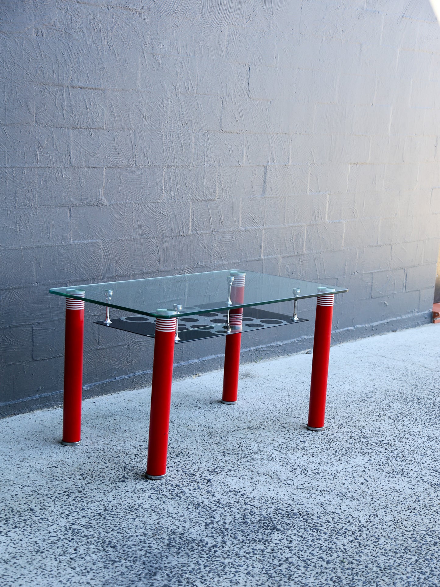 Postmodern Glass Dining Table with Red Lacquered Legs Italy