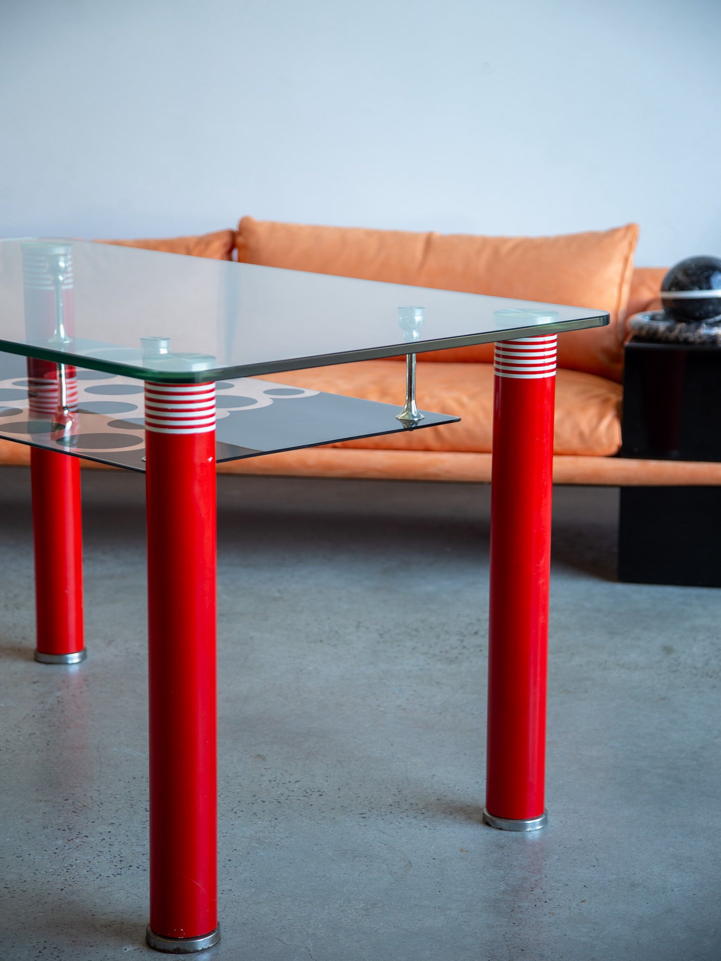 Postmodern Glass Dining Table with Red Lacquered Legs Italy
