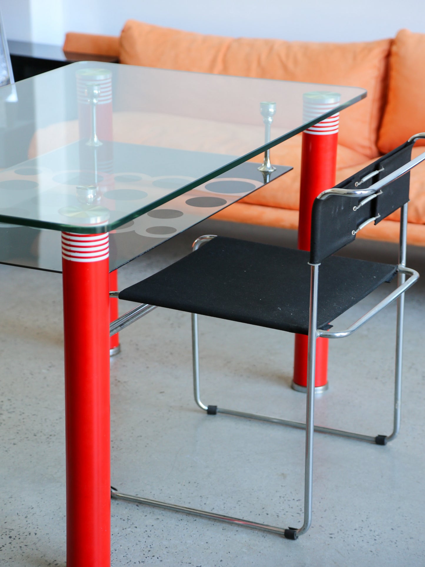 Postmodern Glass Dining Table with Red Lacquered Legs Italy
