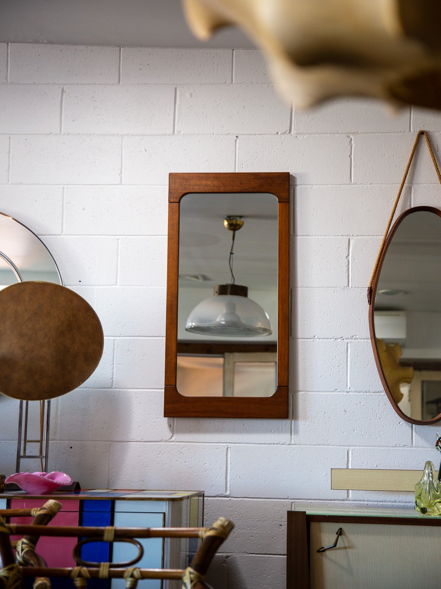 Italian Teak Mirror, 1960s – Mid-Century Rectangular Wall Mirror with Rounded Corners
