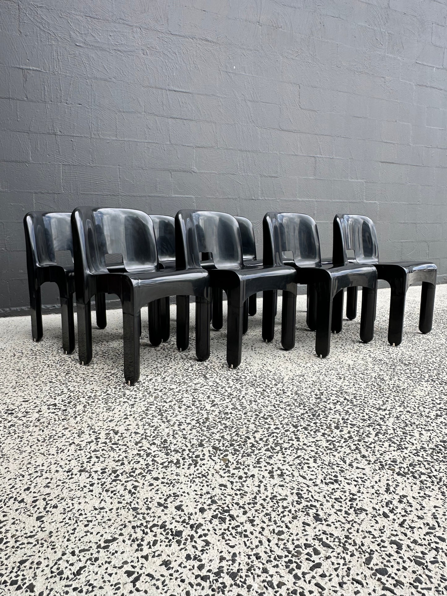 Joe Colombo for Kartell Universale Black Plastic Dining Chairs Set of Eight