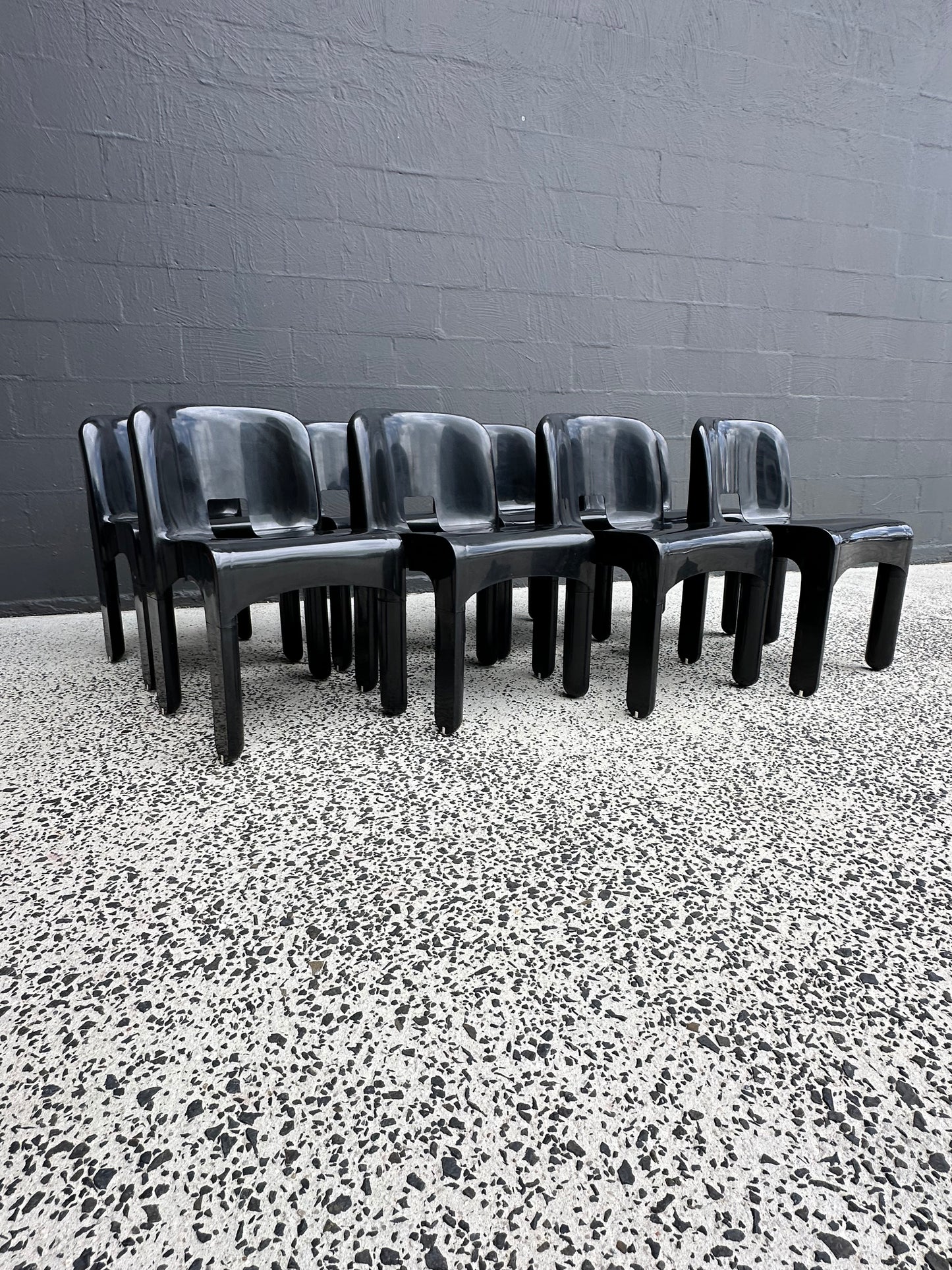 Joe Colombo for Kartell Universale Black Plastic Dining Chairs Set of Eight