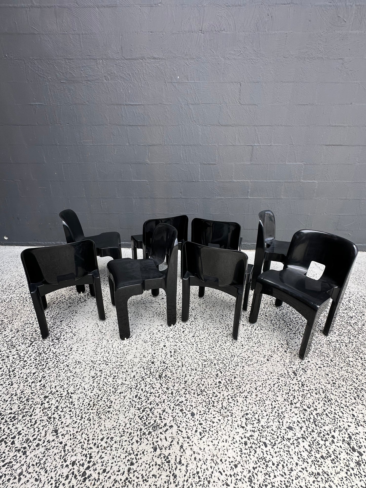 Joe Colombo for Kartell Universale Black Plastic Dining Chairs Set of Eight