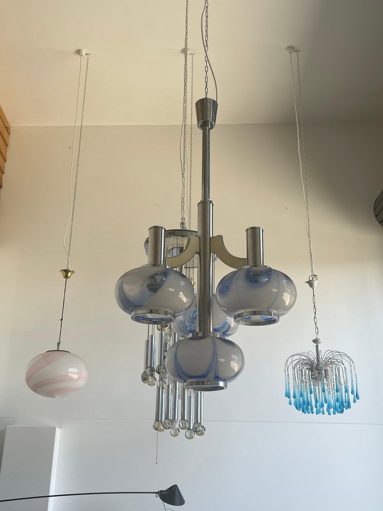Mid Century Modern Italian Glass and Chrome Pendant Light by Gaetano Sciolari