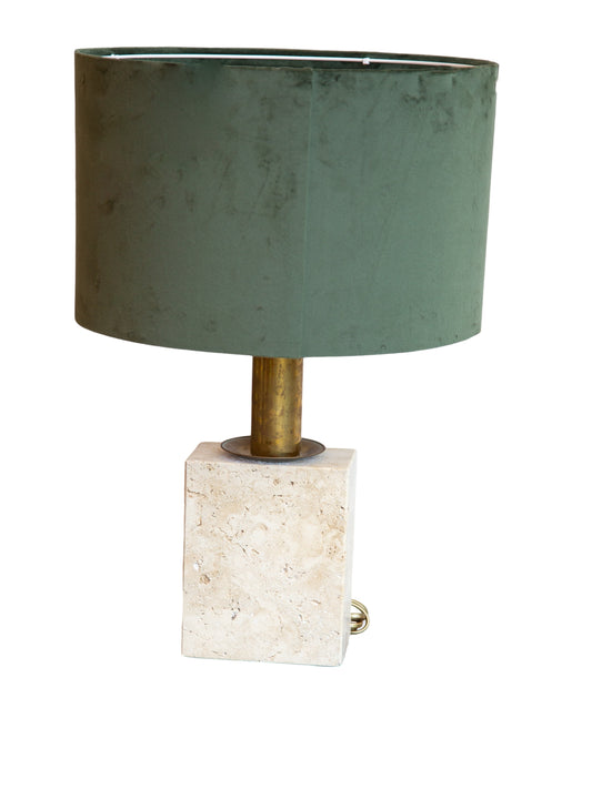 A table lamp with a green velvet shade, brass-finished stem, and travertine stone base by Fratelli Mannelli