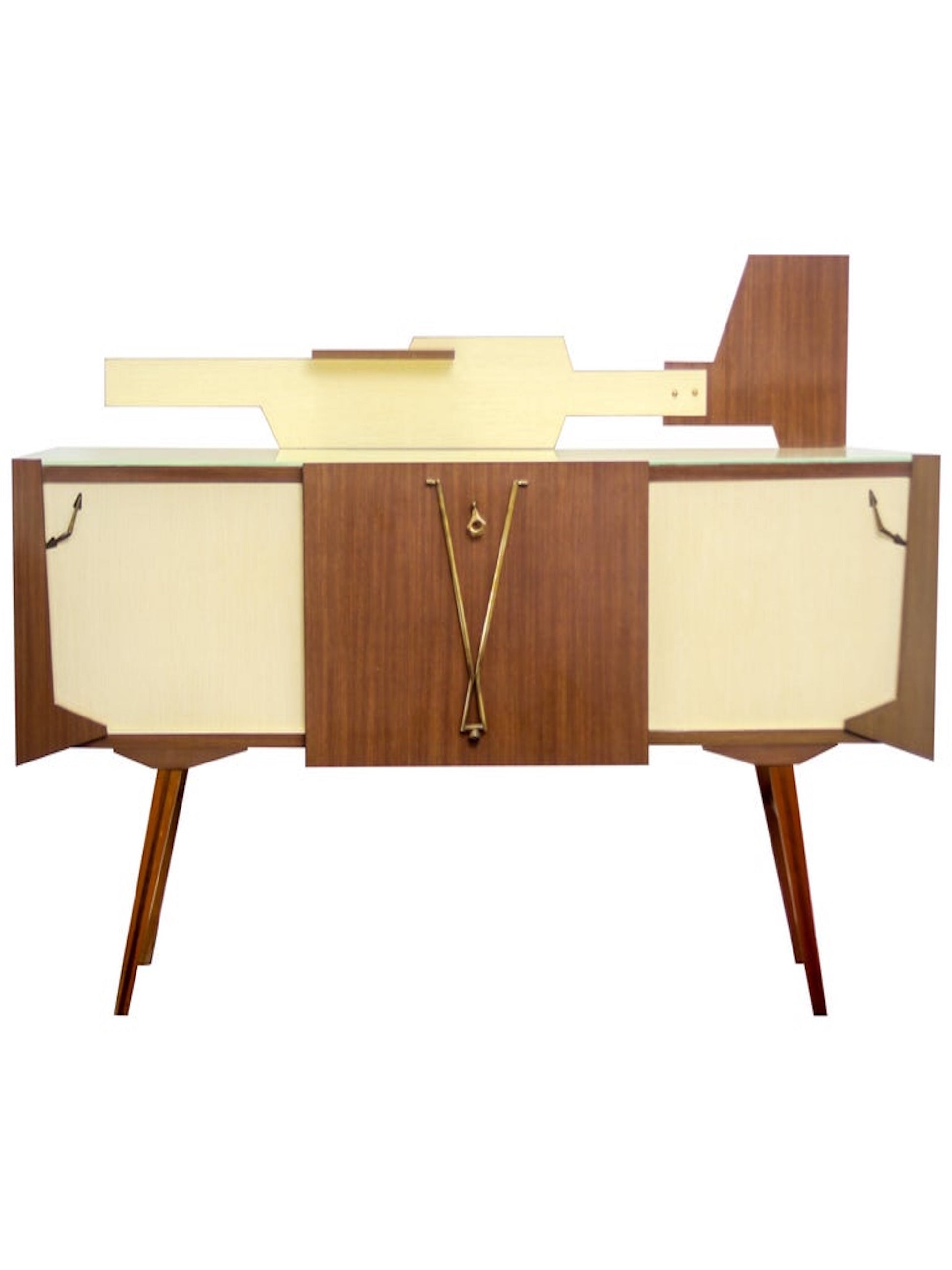 An Italian Mid-century Modern geometric brown and yellow sideboard or bar with a glass-covered inside bar area and brass accents, on a white background.