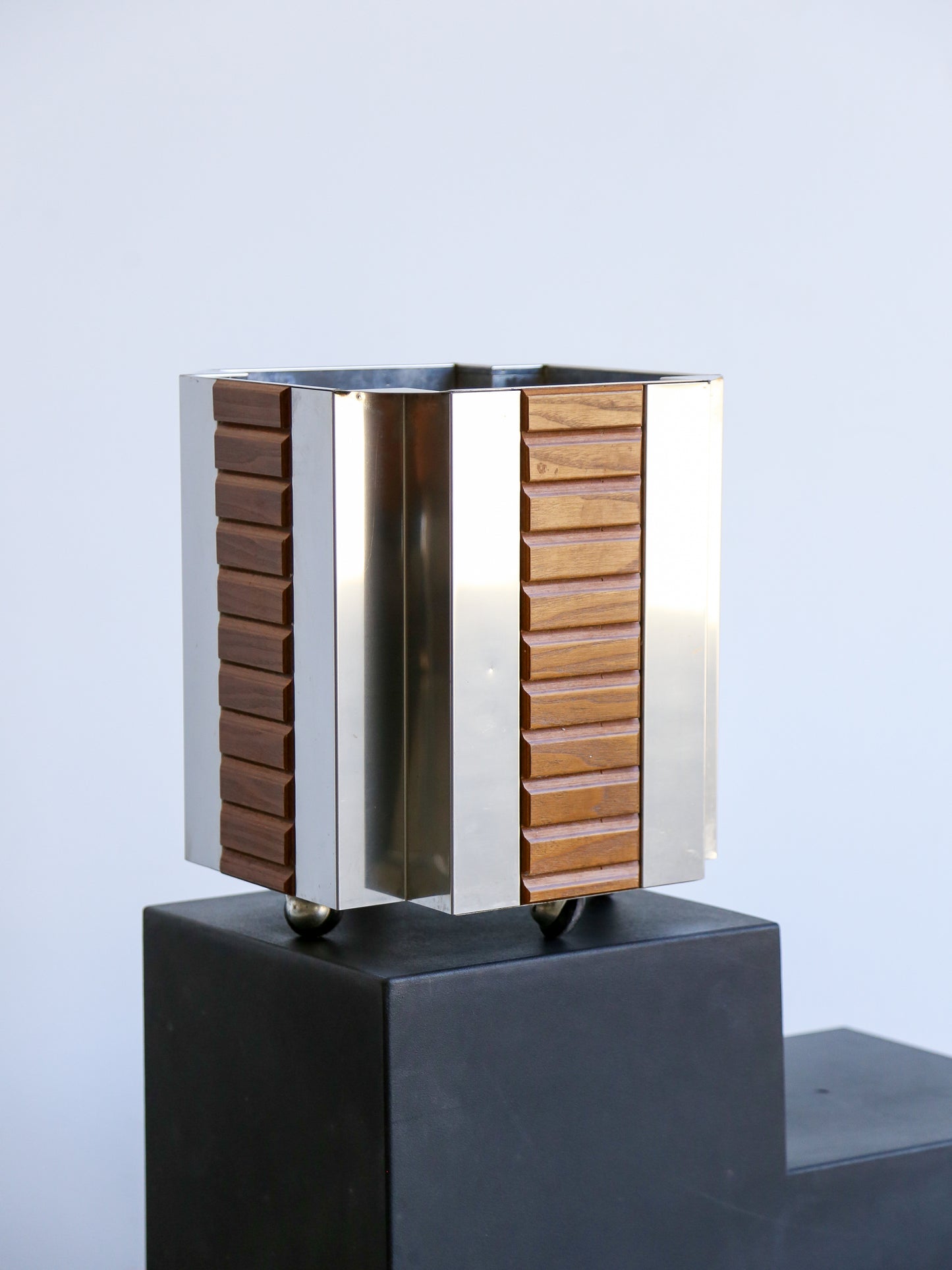 Mid Century Modern Italian Chrome & Wood Paper Bin on Wheels