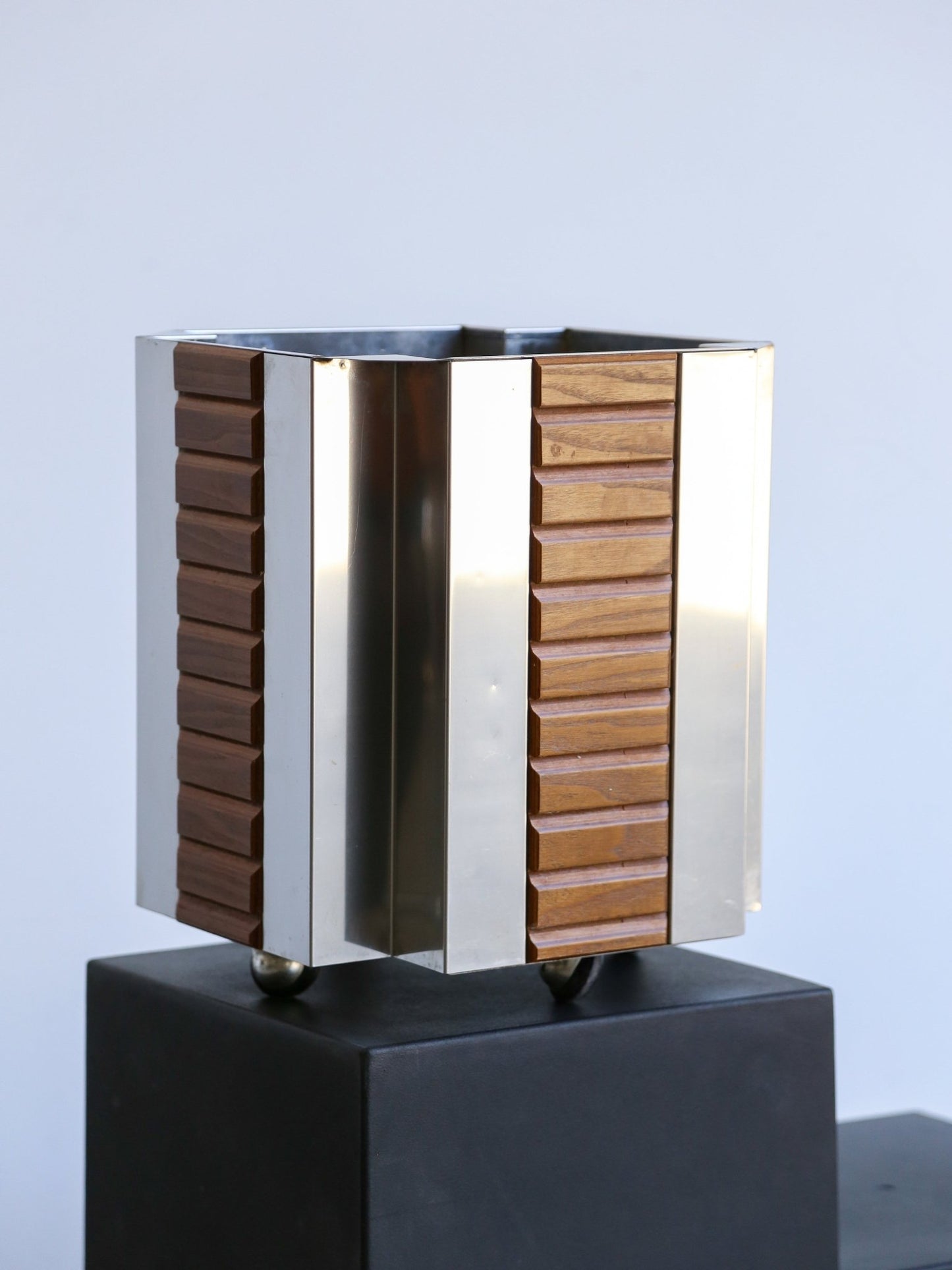 Mid Century Modern Italian Chrome & Wood Paper Bin on Wheels - Lumini Collections
