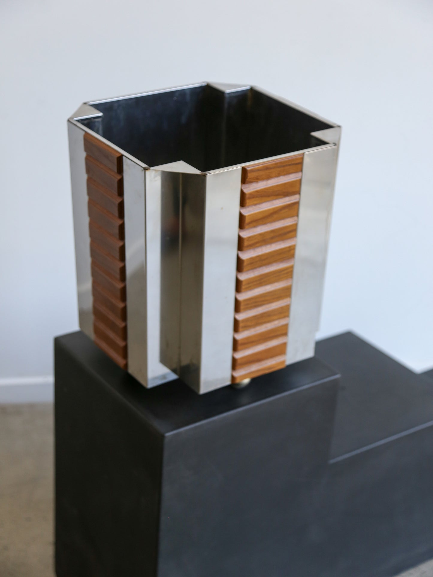 Mid Century Modern Italian Chrome & Wood Paper Bin on Wheels