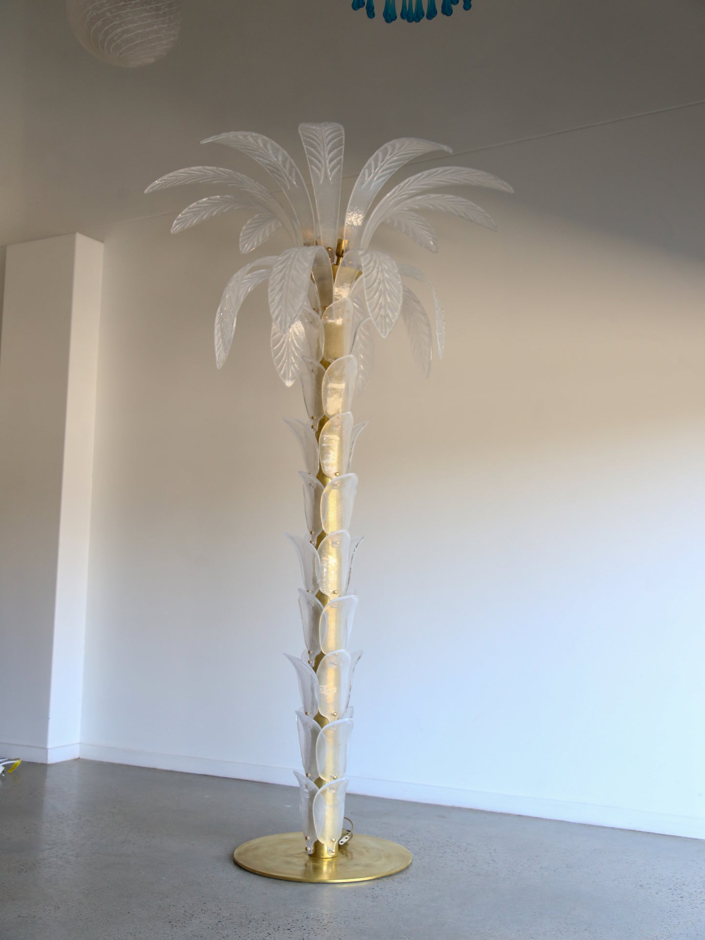 Contemporary Large White Murano Glass & Brass Floor Palm Lamp