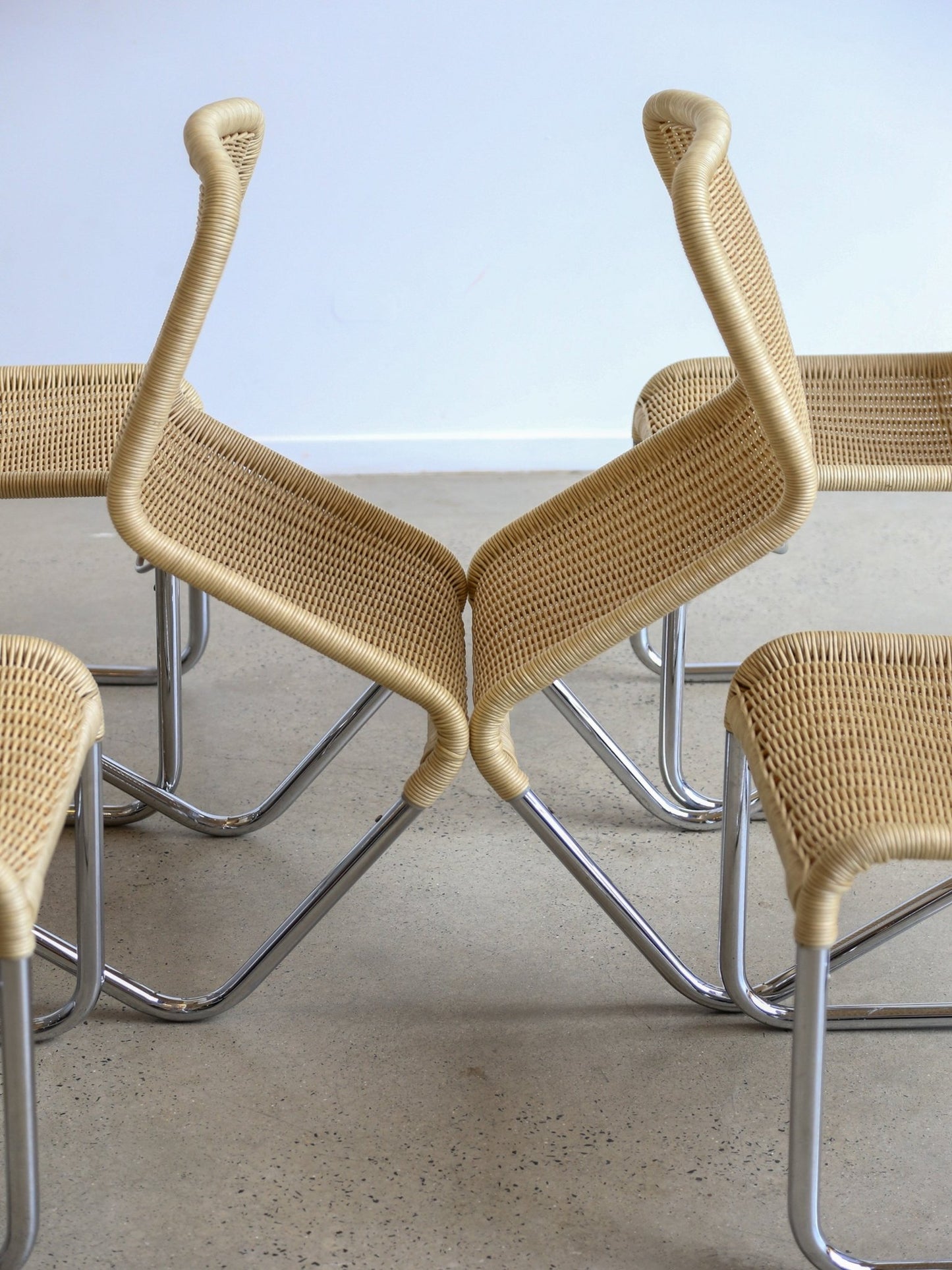 Set of Six Dining Chairs by A.Lorenz for Tecta in Chrome & Rattan - Lumini Collections