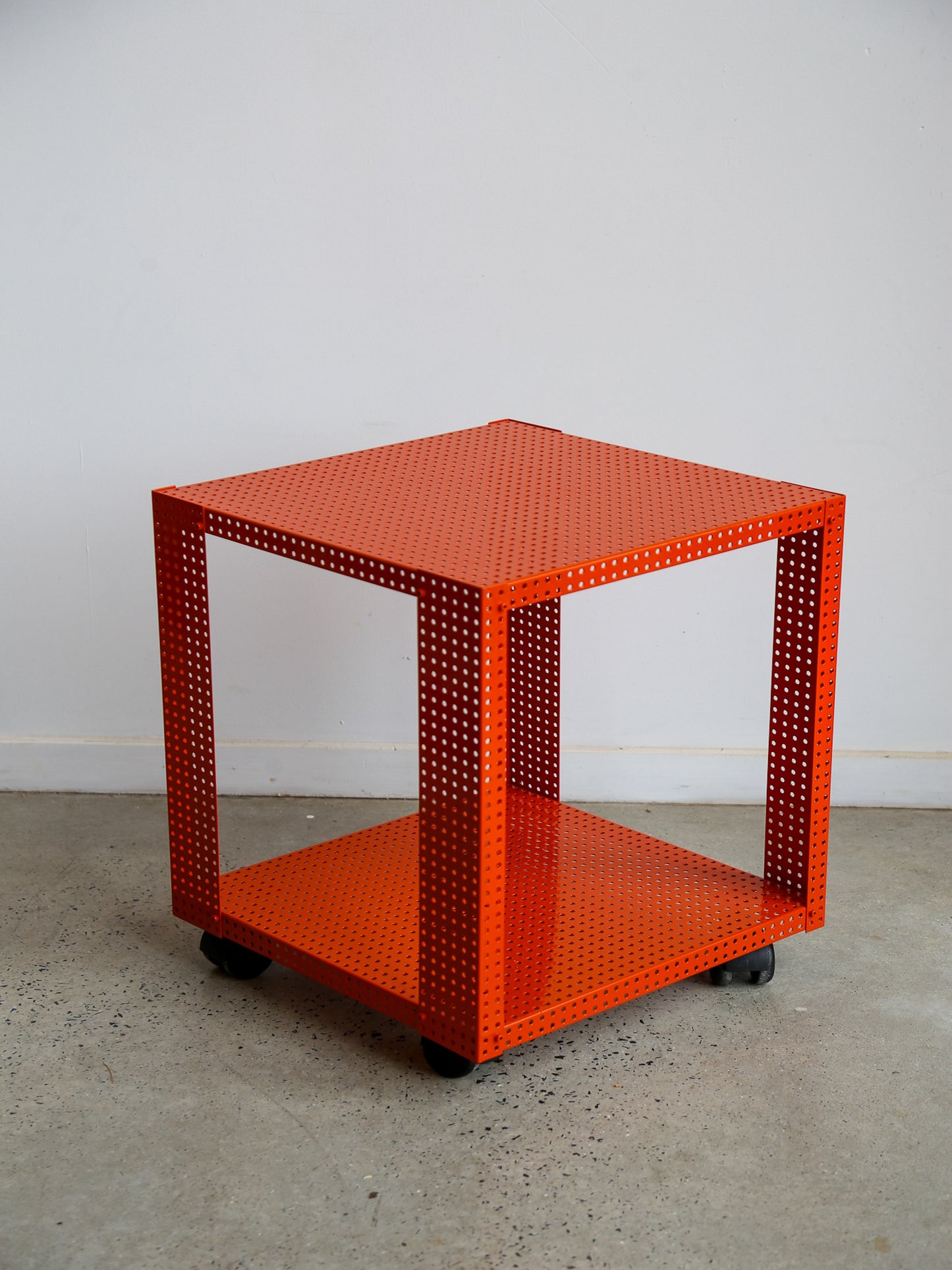 Orange Industrial Metal Side Table on Wheels
