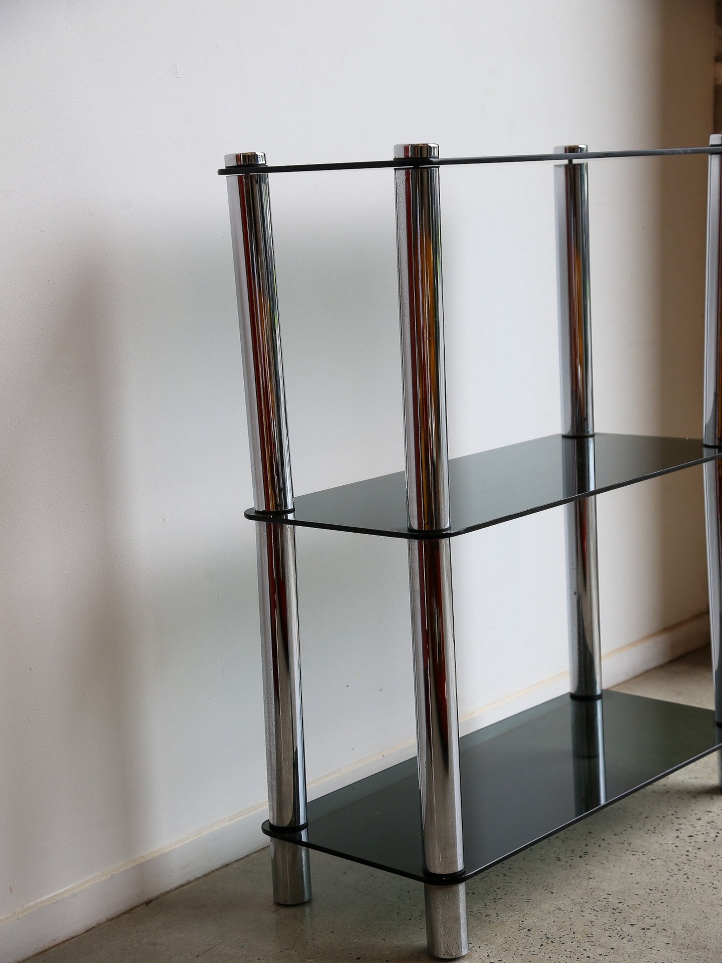 Smoked Glass and Chrome Frame Shelves Italy 1970s - Lumini Collections
