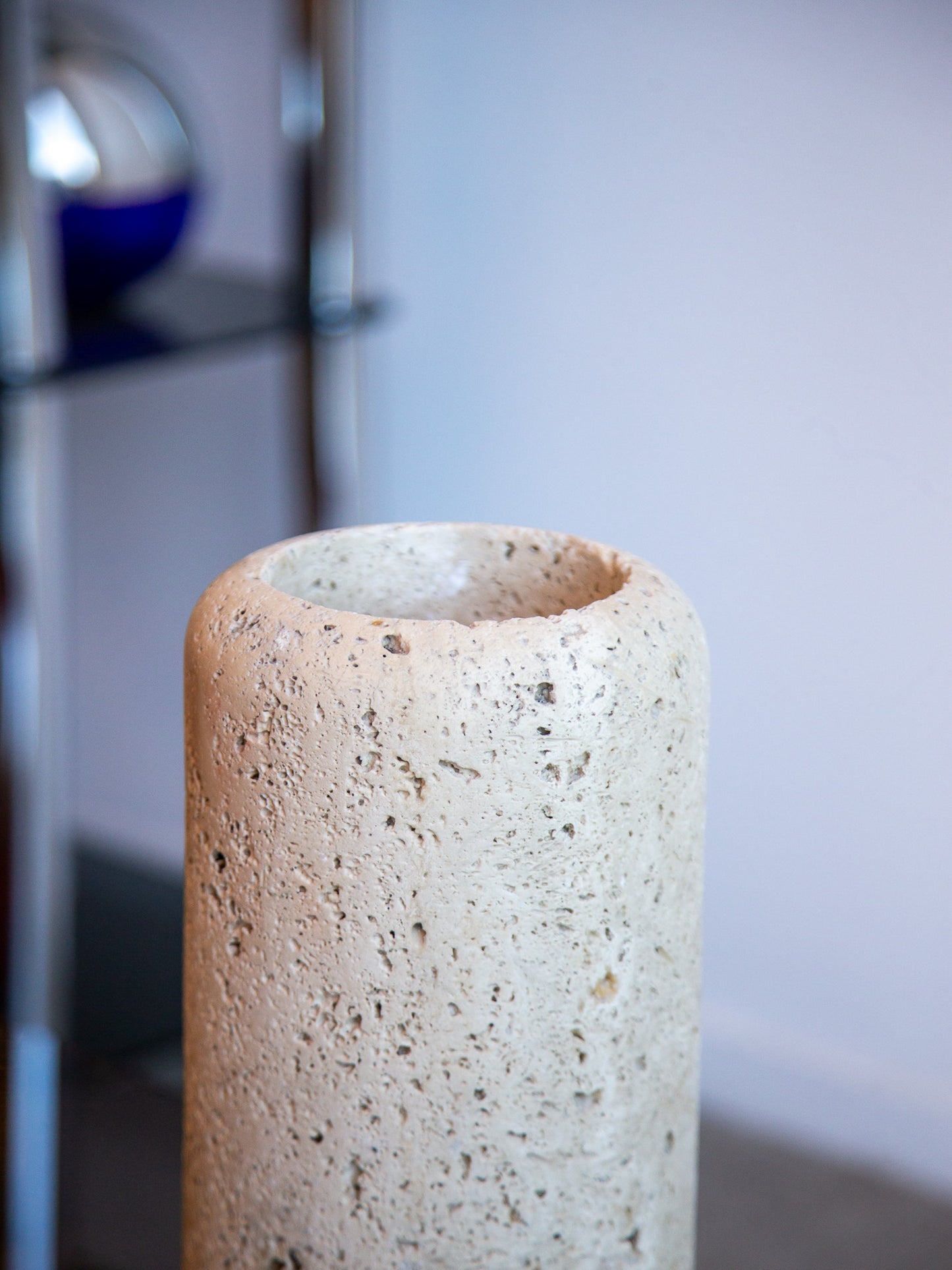 Large Travertine Cylinder Vassel by Raymor
