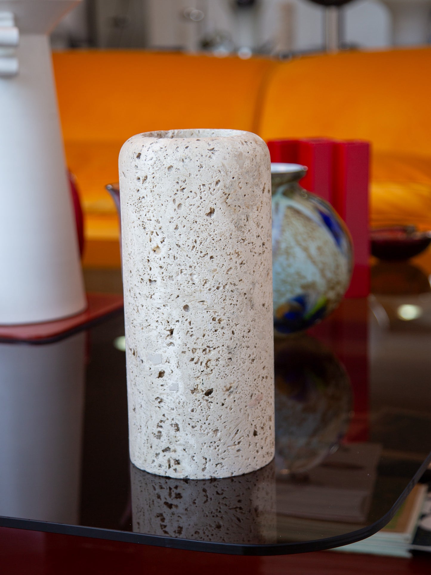 Large Travertine Cylinder Vassel by Raymor