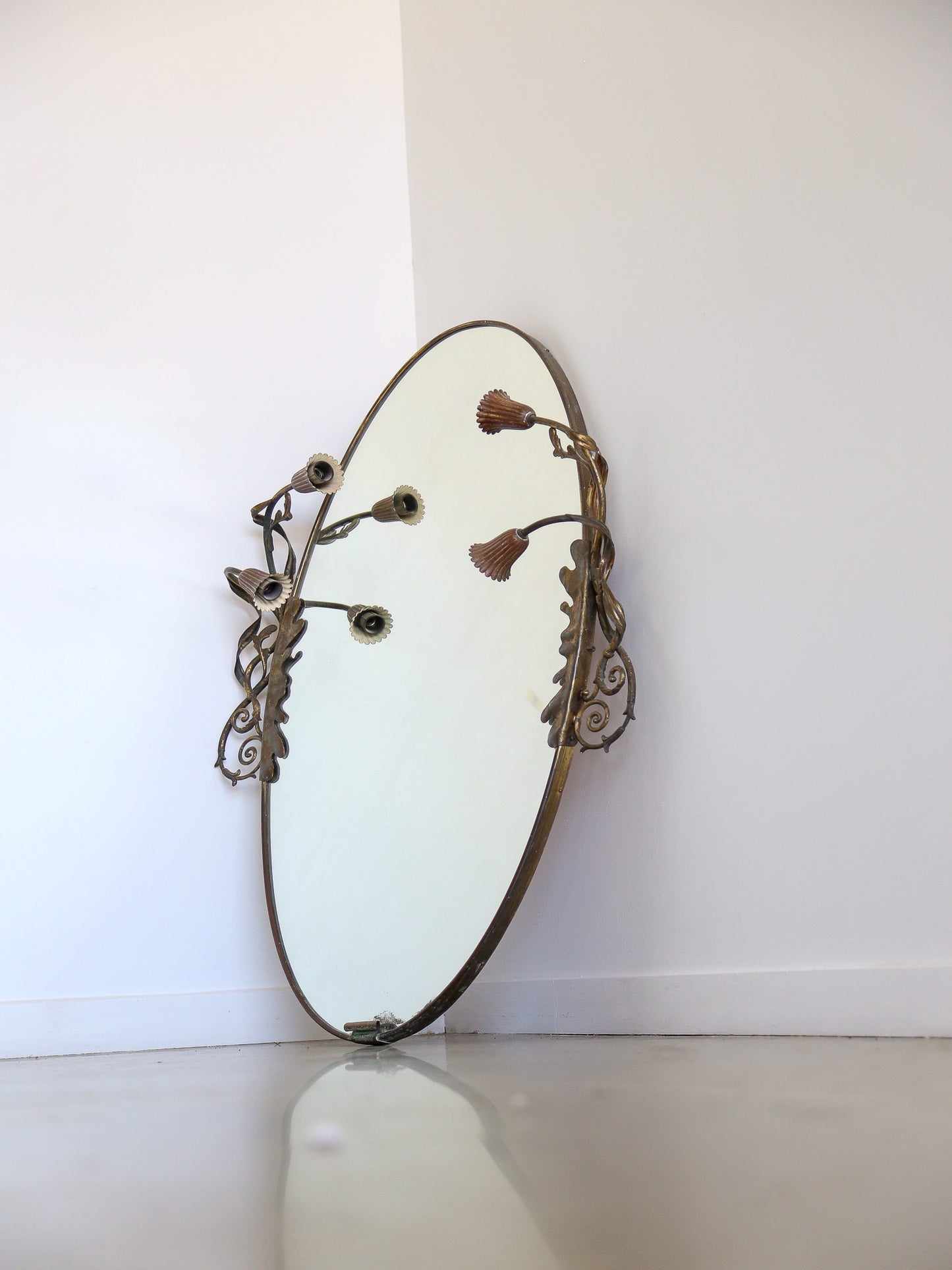 Italian Art Deco Brass Oval Wall Mirror with Lights