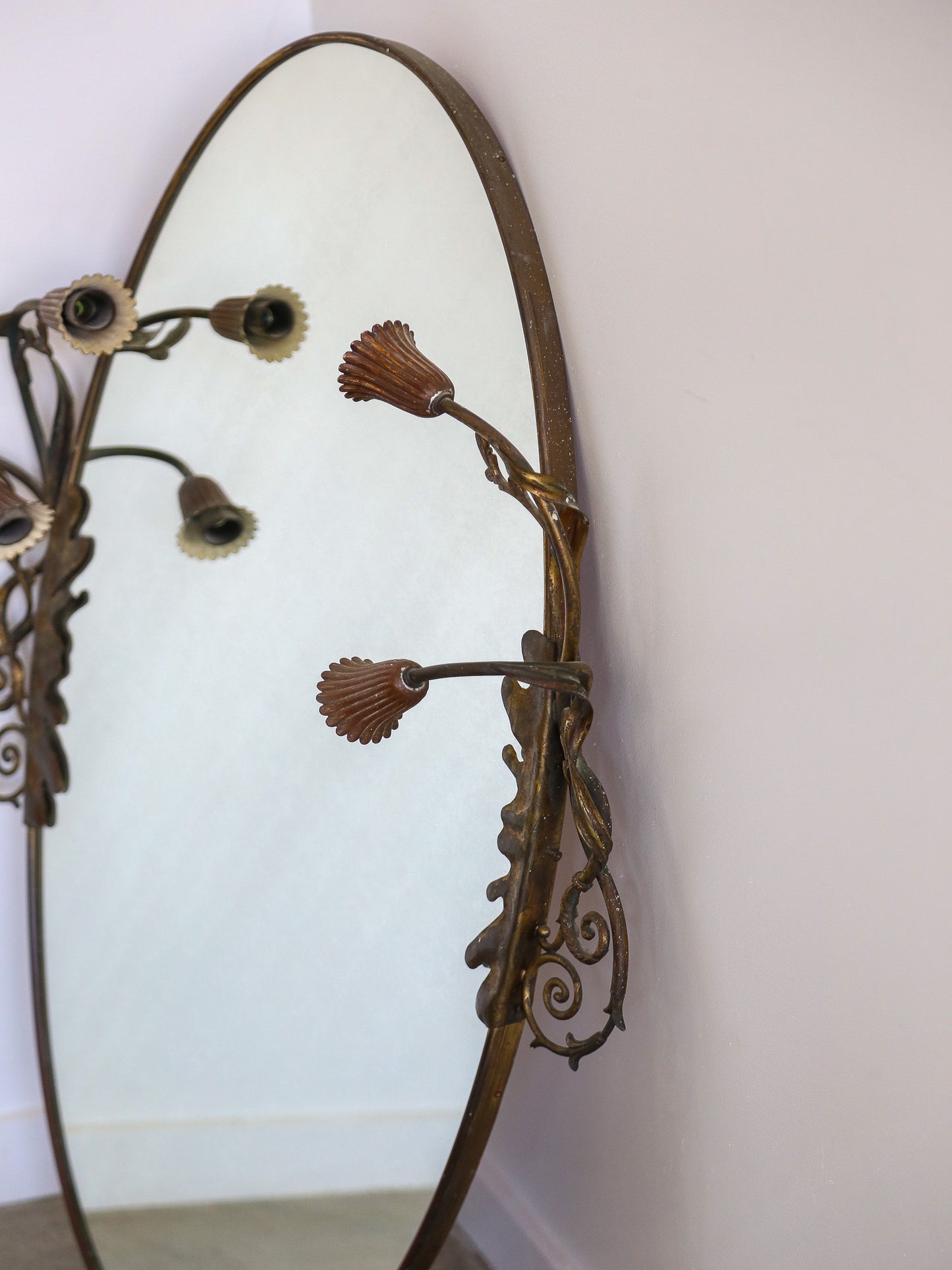 Italian Art Deco Brass Oval Wall Mirror with Lights