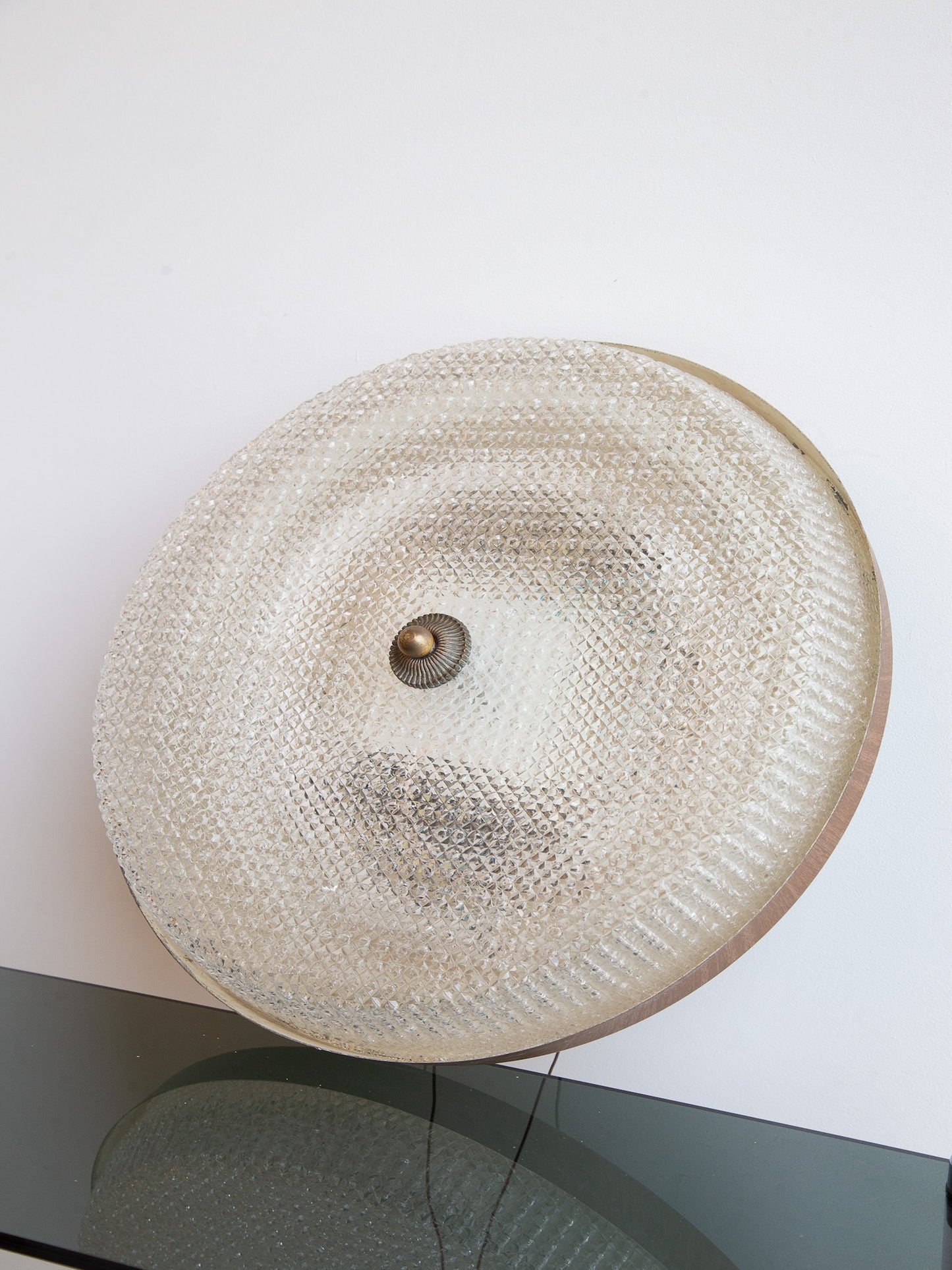 Italian Mid-Century Textured Glass and Brass Ceiling Light