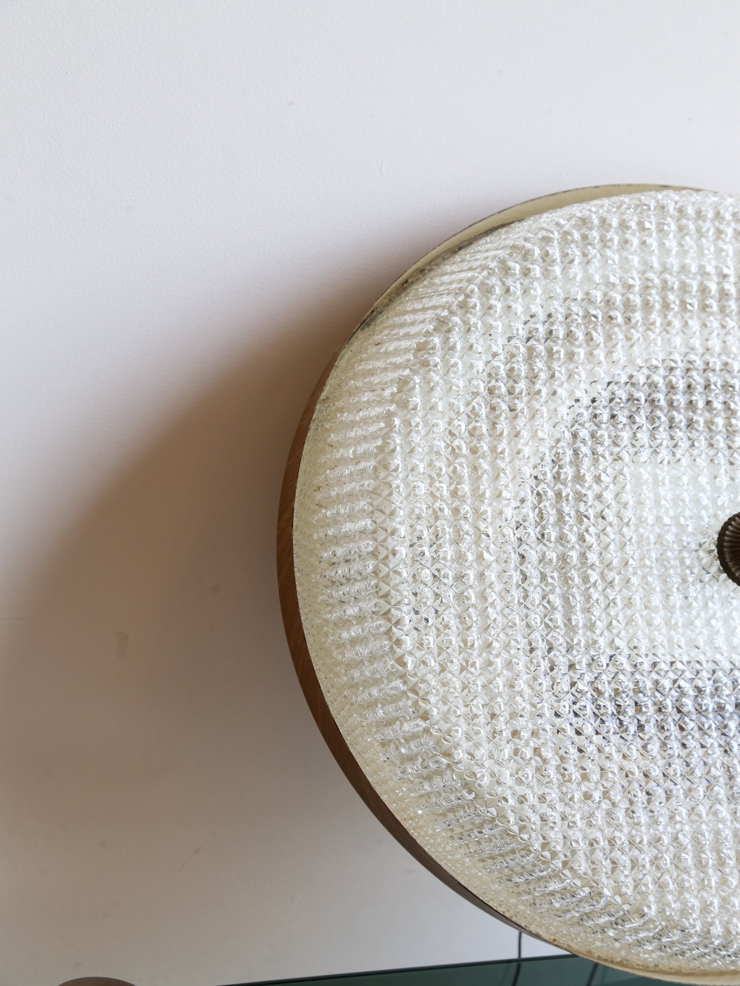 Italian Mid-Century Textured Glass and Brass Ceiling Light
