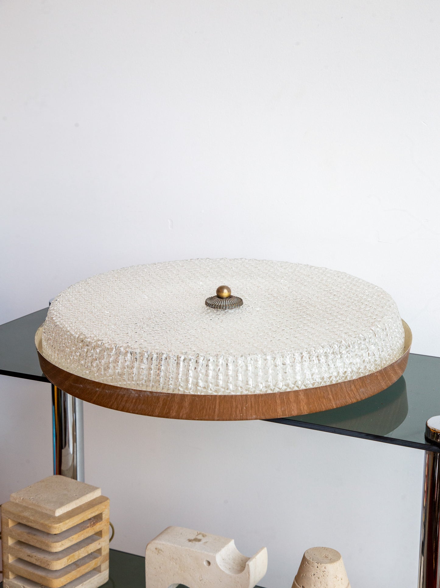 Italian Mid-Century Textured Glass and Brass Ceiling Light