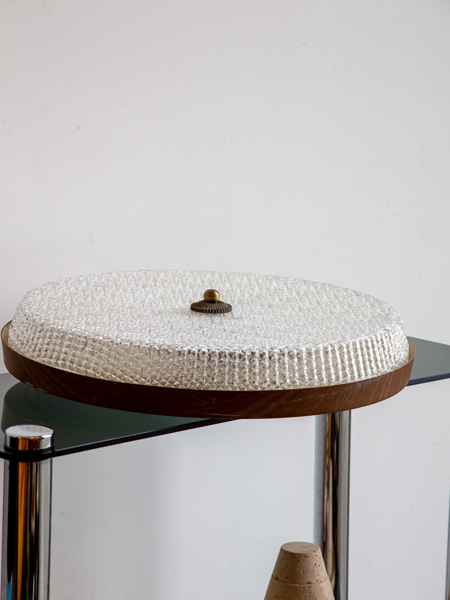Italian Mid-Century Textured Glass and Brass Ceiling Light