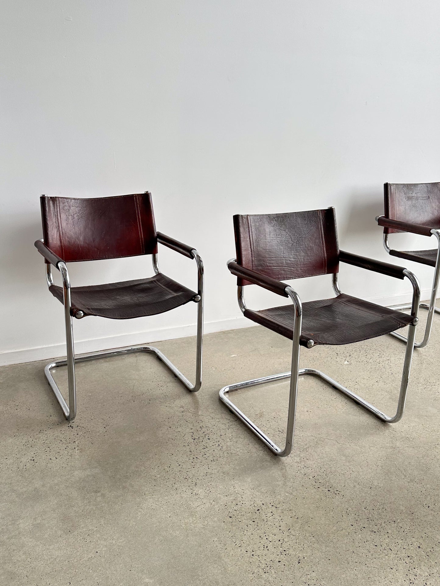 S34 Marcel Breuer Brown Leather & Chrome Set of Six Chairs 1970s