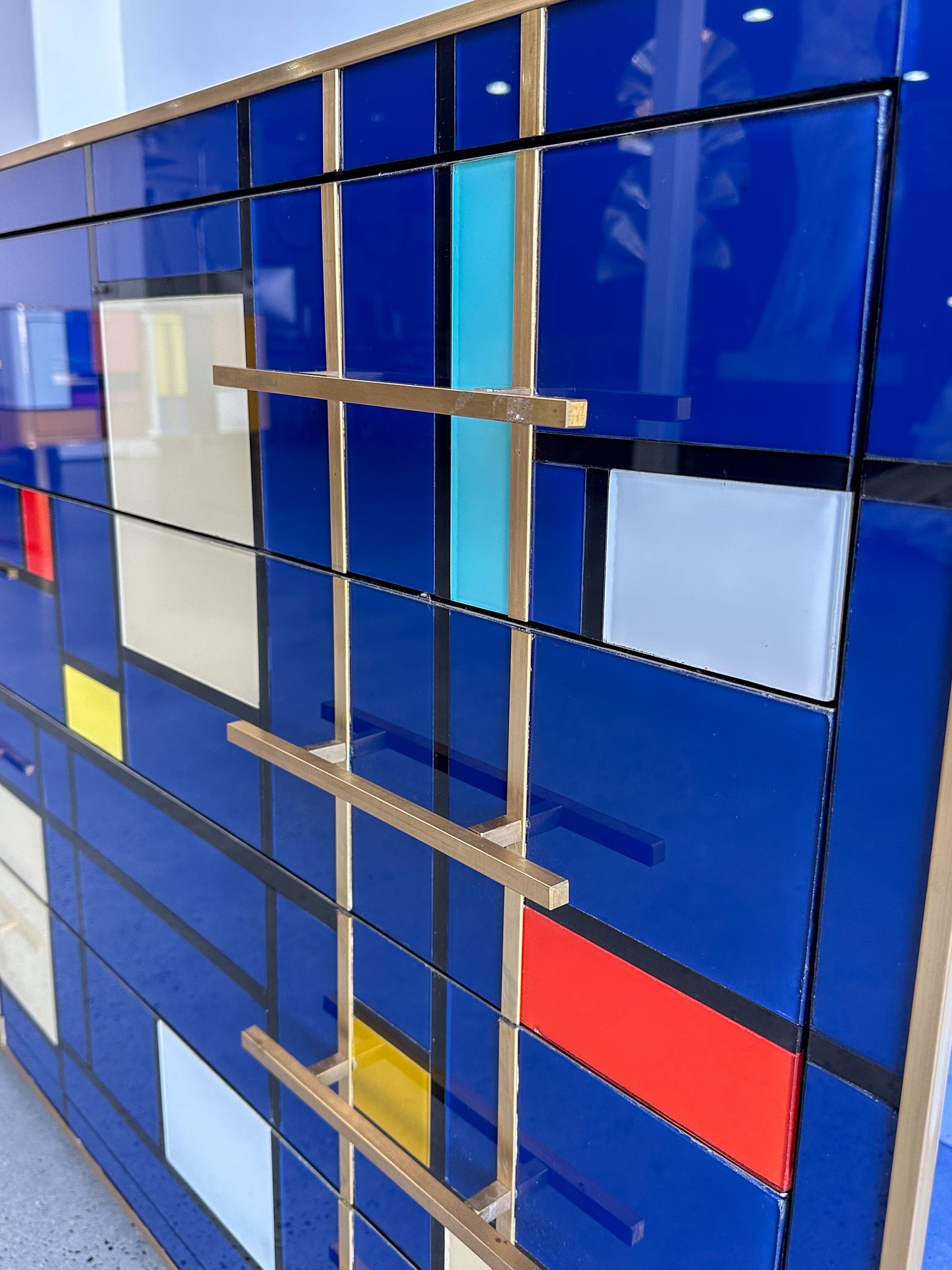 Italian Contemporary Murano blue Glass, Brass & Wood Chest of Drawers