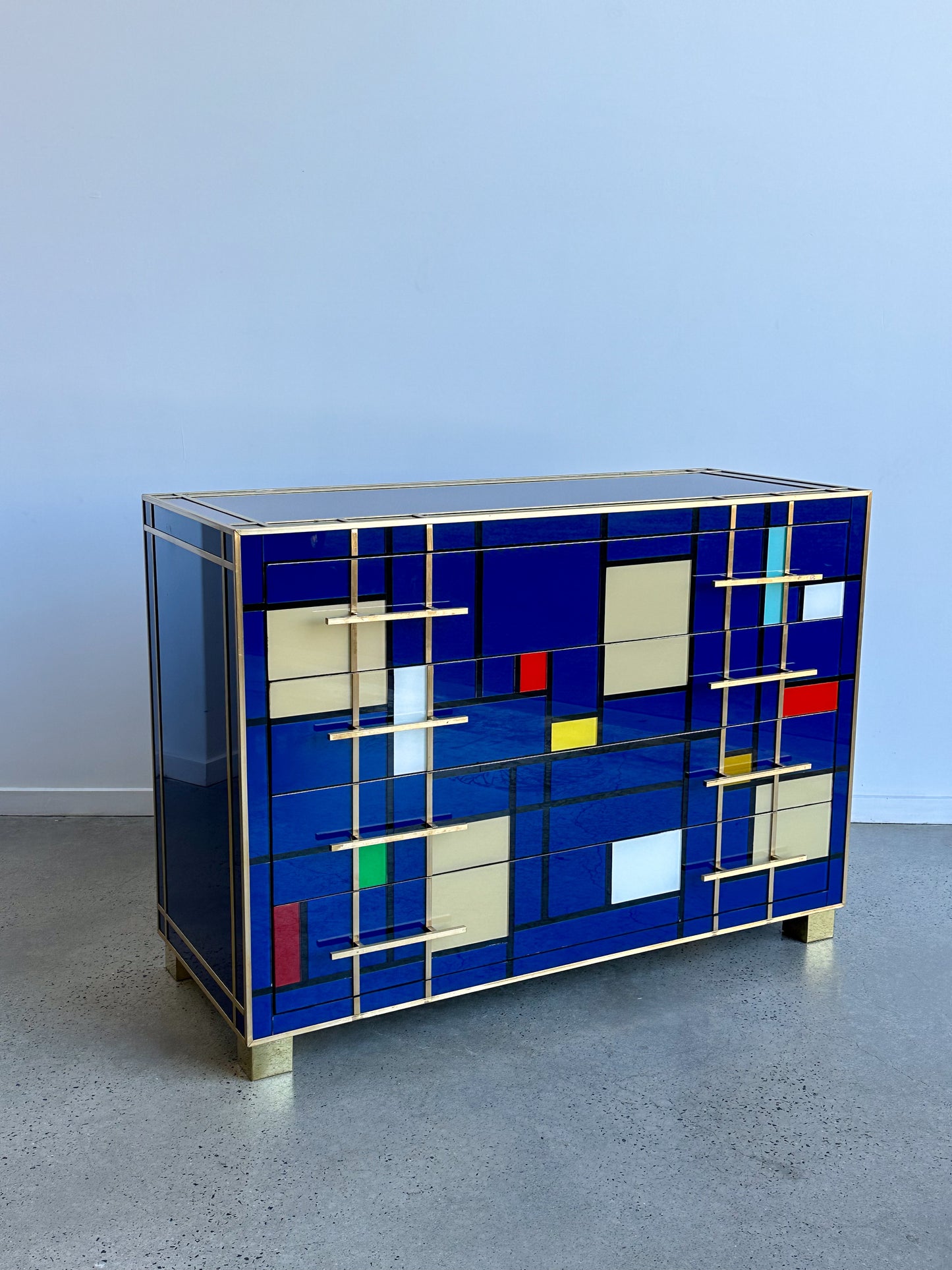 Italian Contemporary Murano blue Glass, Brass & Wood Chest of Drawers