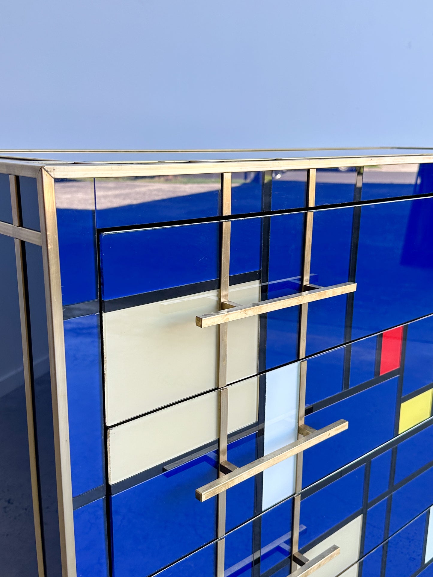 Italian Contemporary Murano blue Glass, Brass & Wood Chest of Drawers