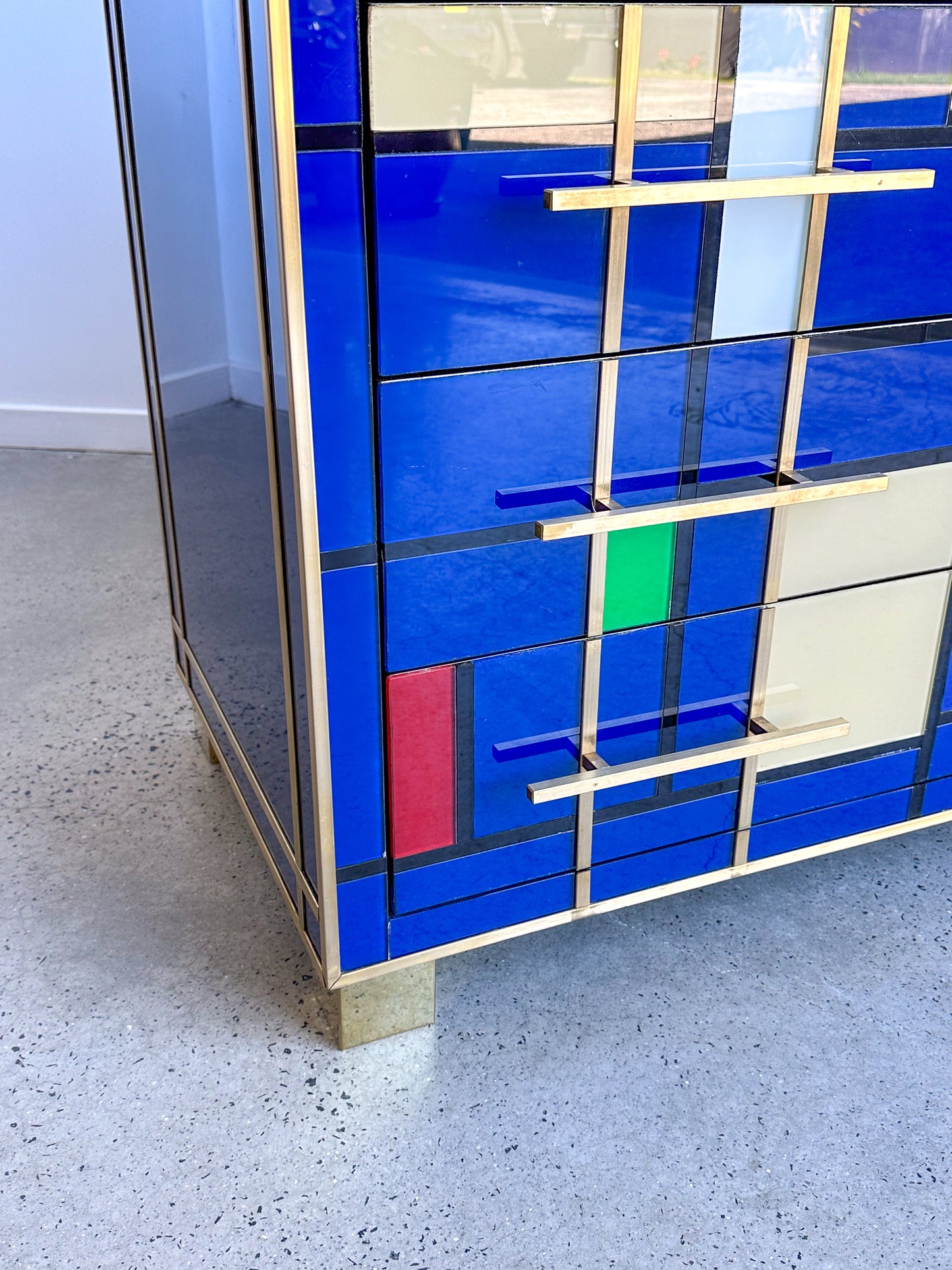 Italian Contemporary Murano blue Glass, Brass & Wood Chest of Drawers