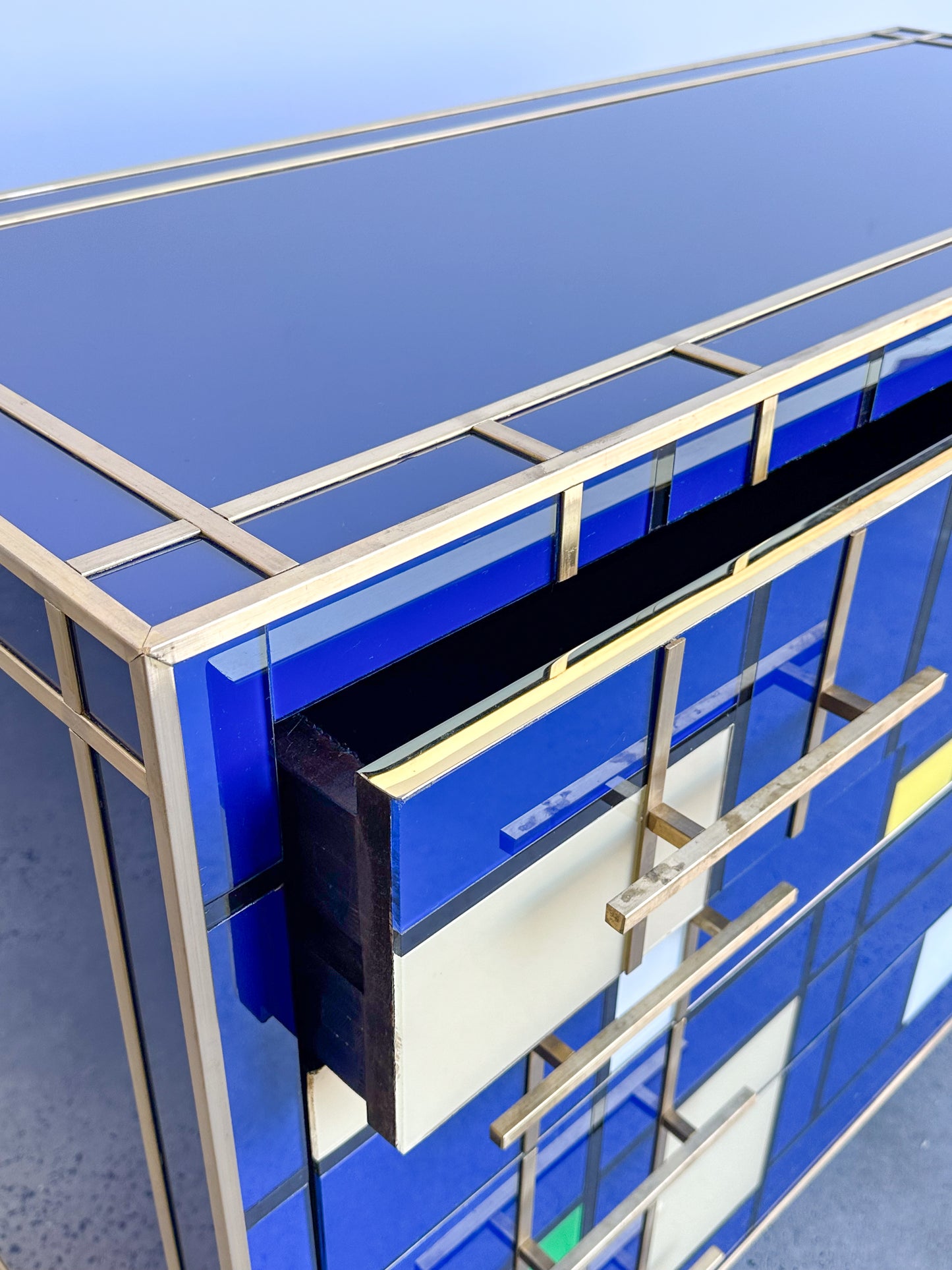 Italian Contemporary Murano blue Glass, Brass & Wood Chest of Drawers
