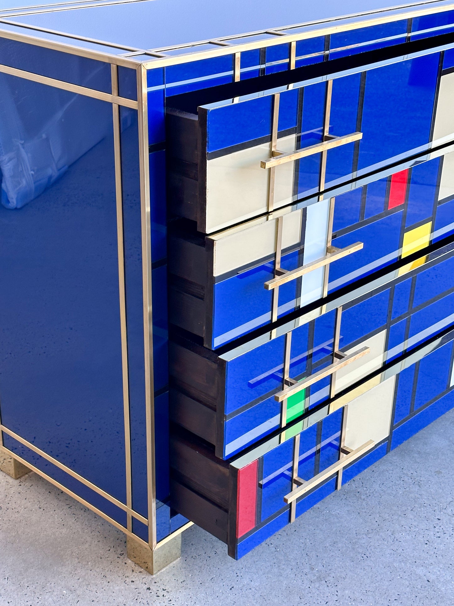 Italian Contemporary Murano blue Glass, Brass & Wood Chest of Drawers