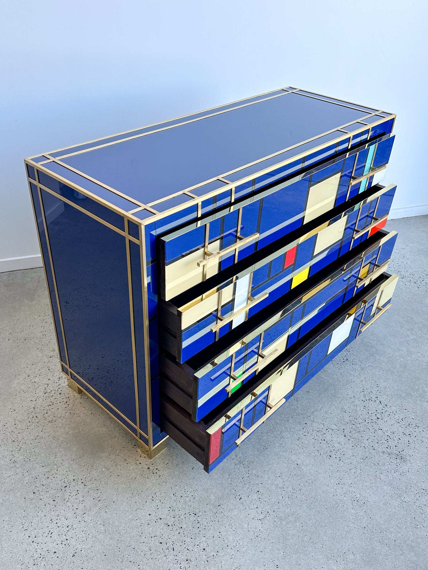 Italian Contemporary Murano blue Glass, Brass & Wood Chest of Drawers