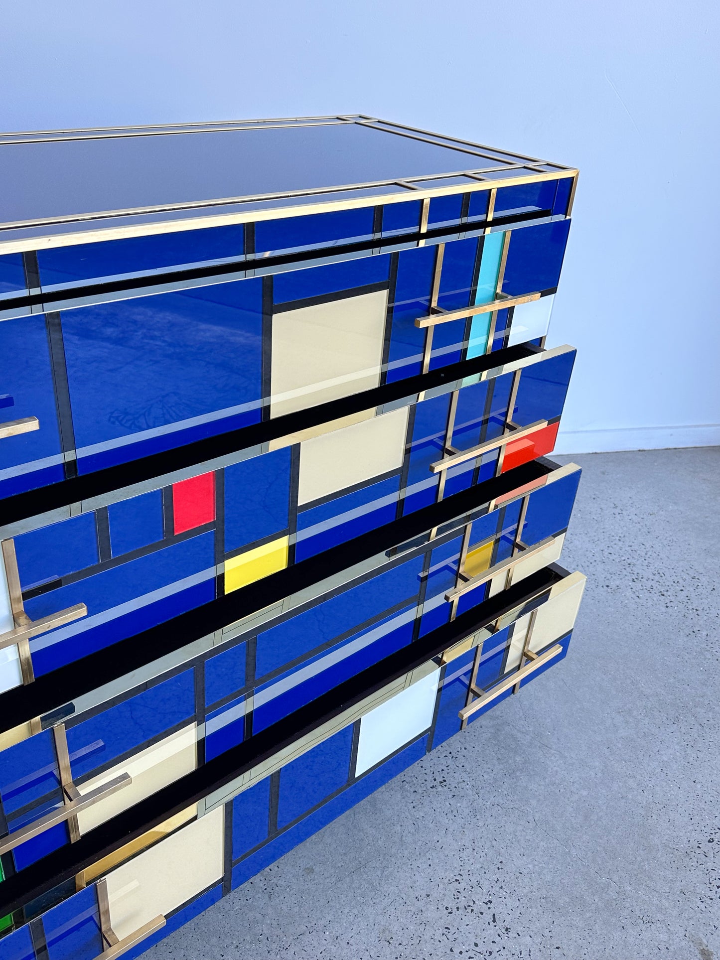 Italian Contemporary Murano blue Glass, Brass & Wood Chest of Drawers