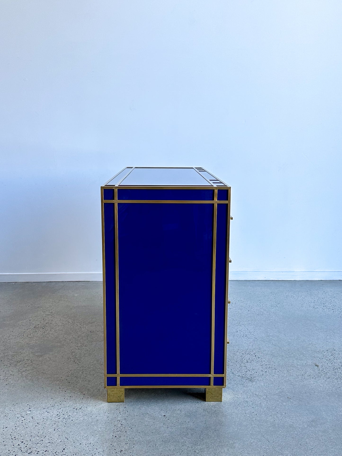 Italian Contemporary Murano blue Glass, Brass & Wood Chest of Drawers