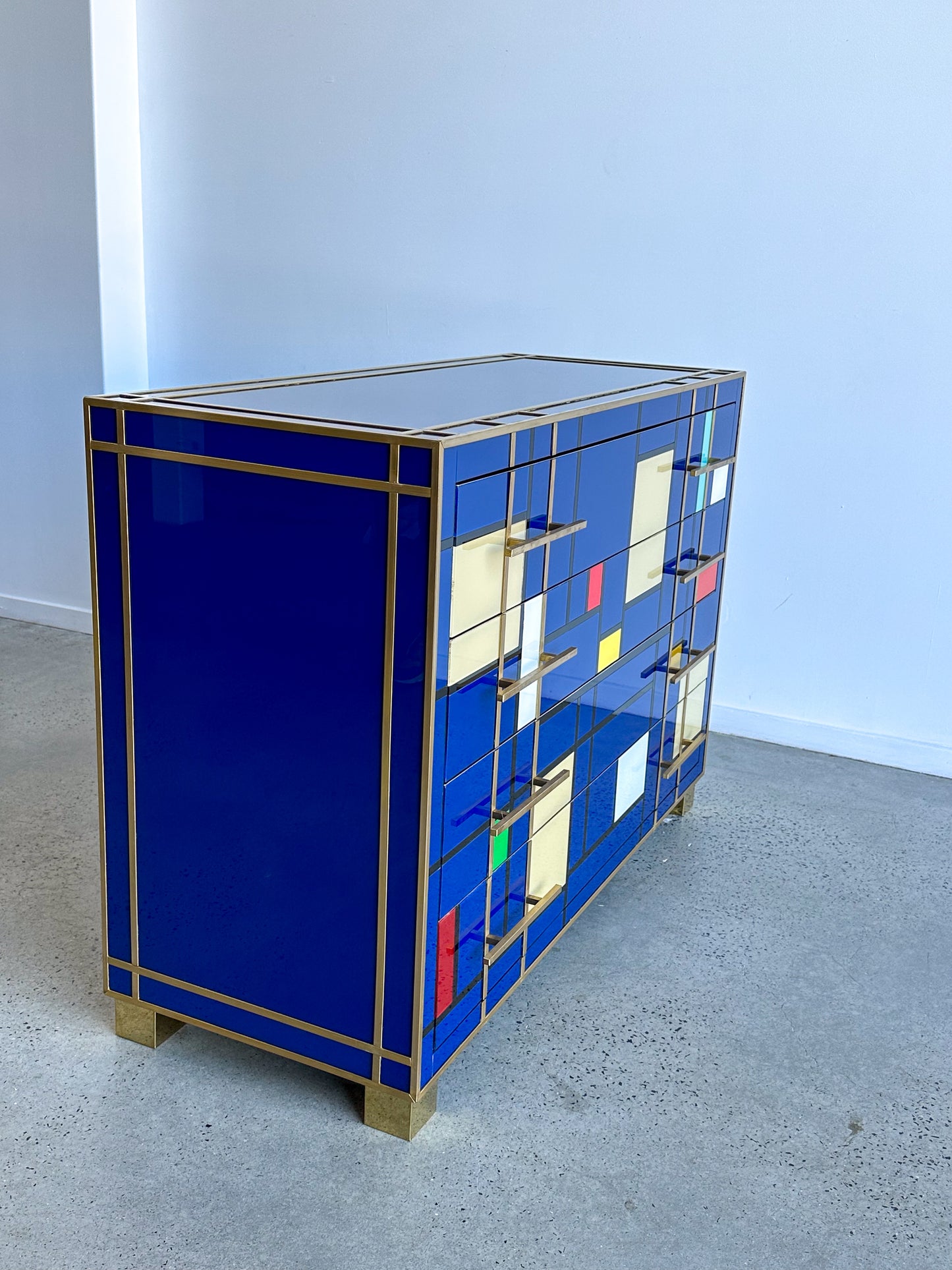 Italian Contemporary Murano blue Glass, Brass & Wood Chest of Drawers