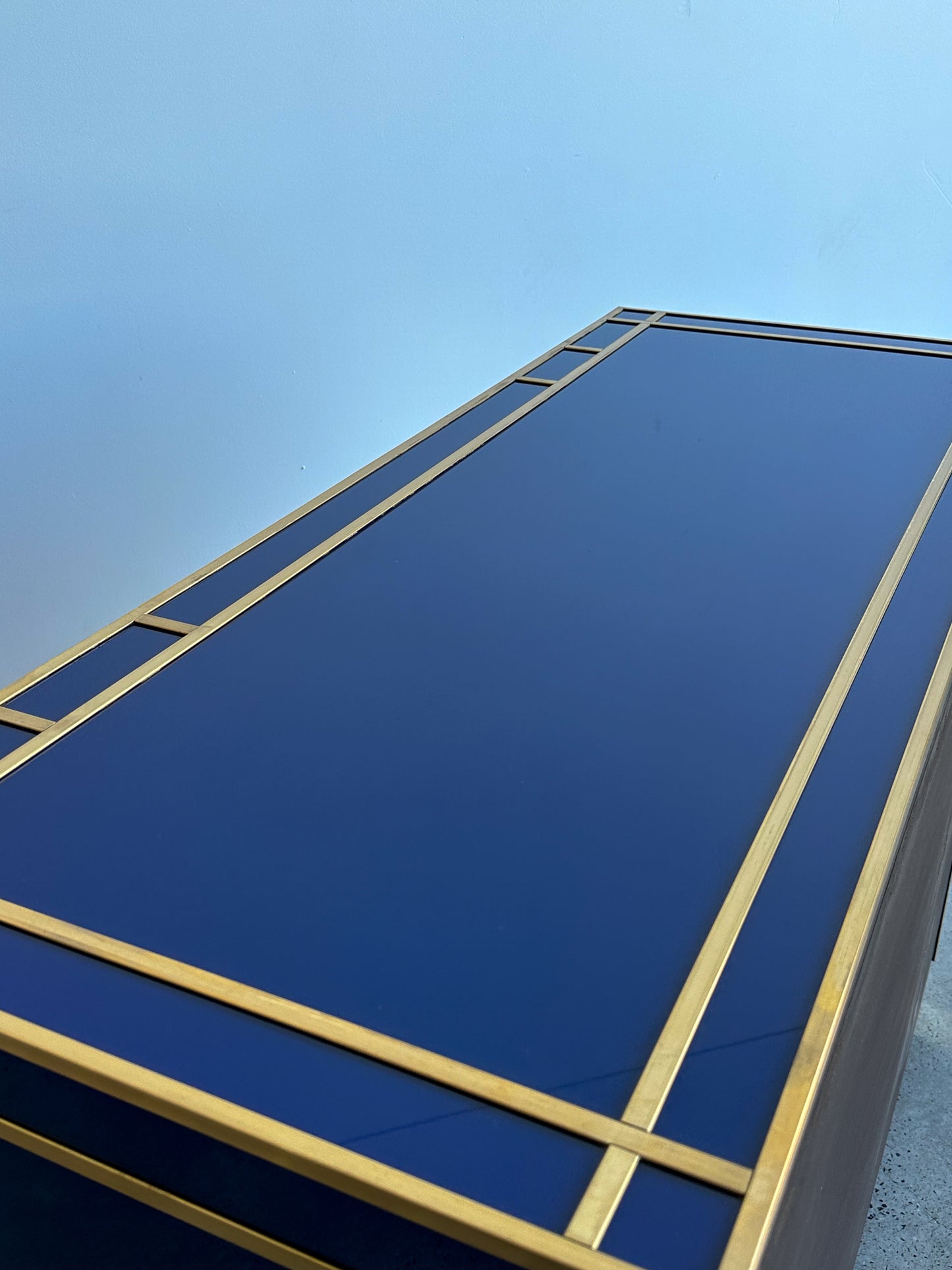 Italian Contemporary Murano blue Glass, Brass & Wood Chest of Drawers