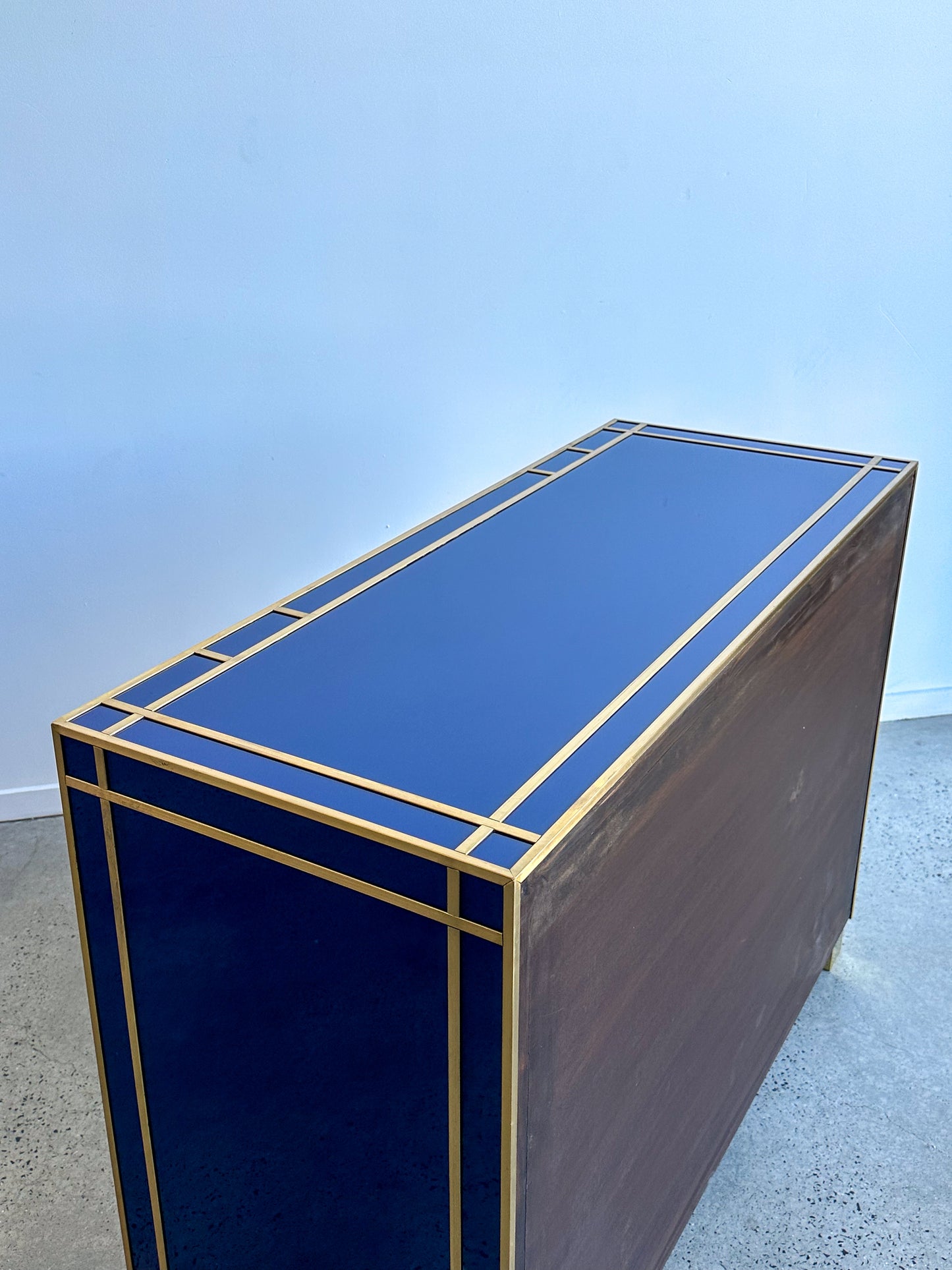 Italian Contemporary Murano blue Glass, Brass & Wood Chest of Drawers