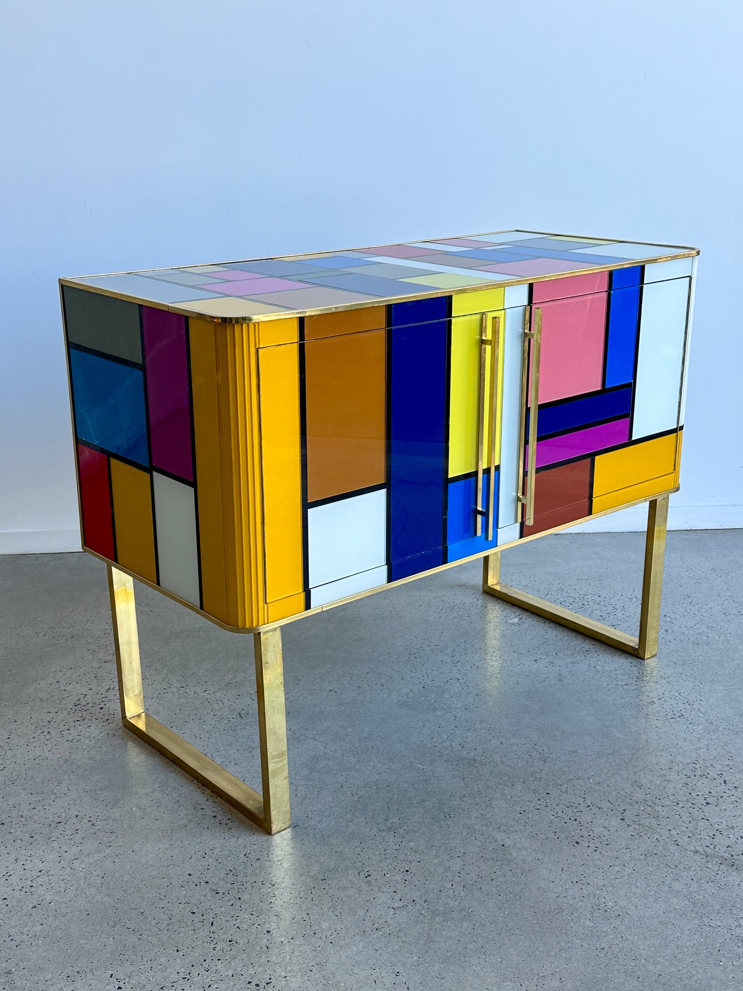 Murano Glass Sideboard With Brass And Wood Structure
